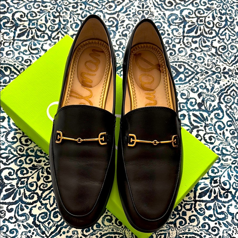 Sam Edelman Black Leather Loafers with Gold Detailing